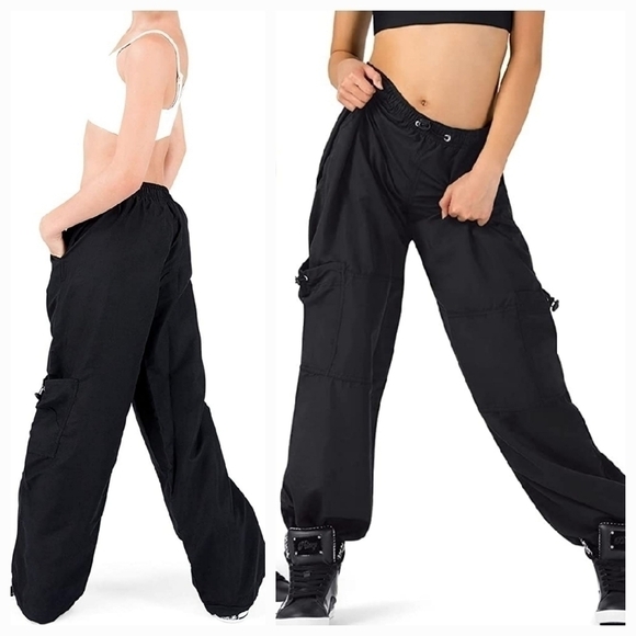 𝅺nwt Liberts Drawstring Cargo Wide Leg Dance Streetwear Microfiber Pants Black - Picture 1 of 11